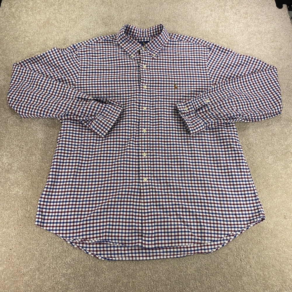 Ralph Lauren Button Down Shirt Mens XXL Blue Burgundy Gingham Long Sleeve Cotton